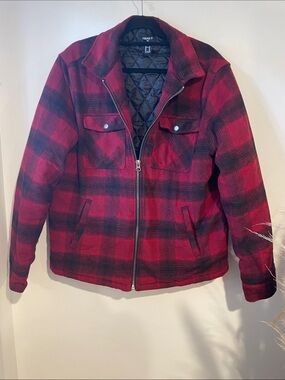 Forever 21 Red and Black Plaid Quilted Utility Jacket Sz XL BB1